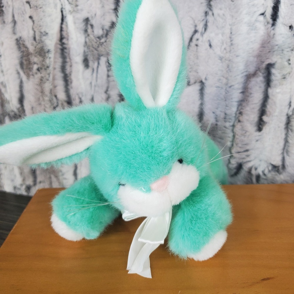 Vintage KELLYTOY Mint Green Bunny Rabbit Plush 9" Laying Easter‎ Spring Animal